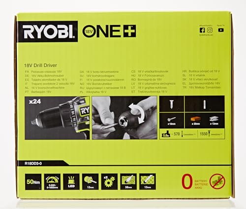 Ryobi R18DD3 – 0 Trapano Avvitatore a Batteria 18V ONE+, Batteria non Inclusa, con Luce LED, 2 Velocità, per Legno e Metallo