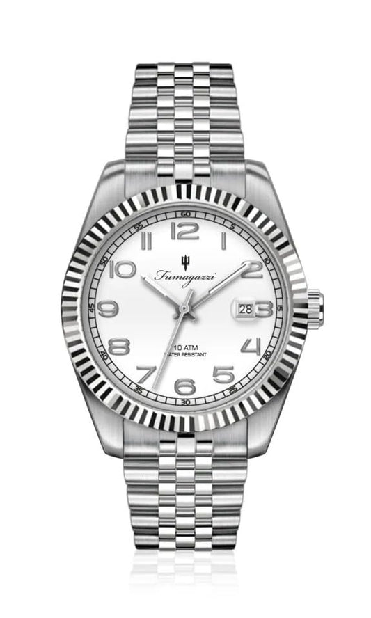 Generico FU018 Orologio da Polso Fumagazzi - BiancoLopo numeri arabi, ø 40 mm, Cinturino Acciaio Solido Lucido, Movimento Automatico, Water Resistant 10 atm