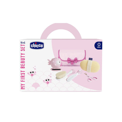 Chicco My First Beauty Set 5in1, Igiene Neonato, Prodotti Bagnetto, con Pettine, Spazzola, Frobicine per Unghie, Termometro da Bagno e Spugna, Accessori 0 Mesi, Rosa