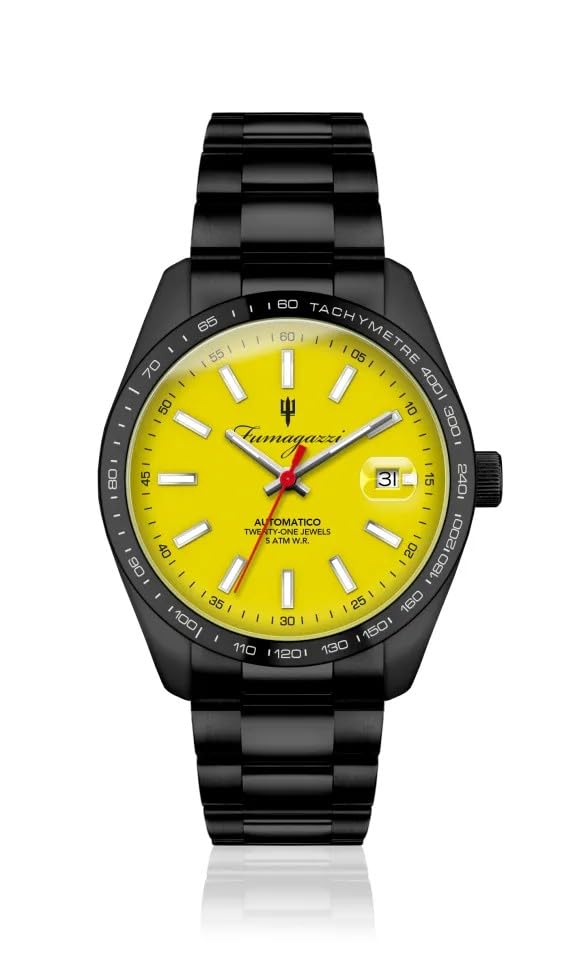 Generico Fumagazzi Orologio da Polso Automatico L'Incontrario, Quadrante Giallo, Cassa IP Black ø 39 mm, Bracciale Acciaio, 5 ATM