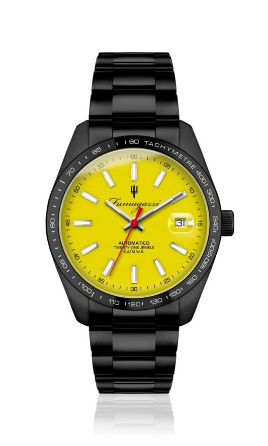 Generico Fumagazzi Orologio da Polso Automatico L'Incontrario, Quadrante Giallo, Cassa IP Black ø 39 mm, Bracciale Acciaio, 5 ATM