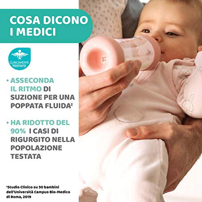 Chicco PERFECT 5 Biberon Anticolica 150 ml, Biberon Flusso Lento 0 Mesi + con Tettarella in Morbido Silicone, Biberon Biofunzionale con Intui-flow System da 150 ml, Rosa