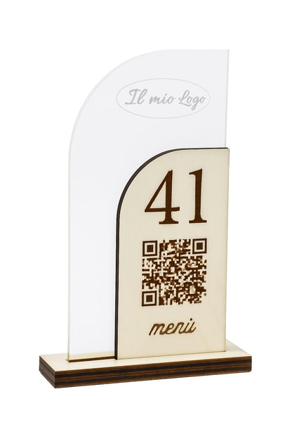 Segnatavolo in Plexiglass e Legno per Ristorante, Pizzeria, Bar, Trattoria | Segnaposto Numerato Personalizzato Intaglio Laser, con QR code per Menù on line e Logo Aziendale.