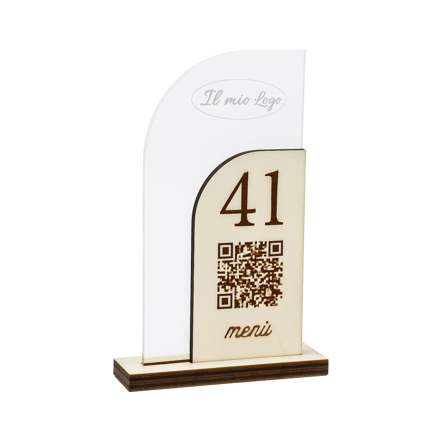 Segnatavolo in Plexiglass e Legno per Ristorante, Pizzeria, Bar, Trattoria | Segnaposto Numerato Personalizzato Intaglio Laser, con QR code per Menù on line e Logo Aziendale.