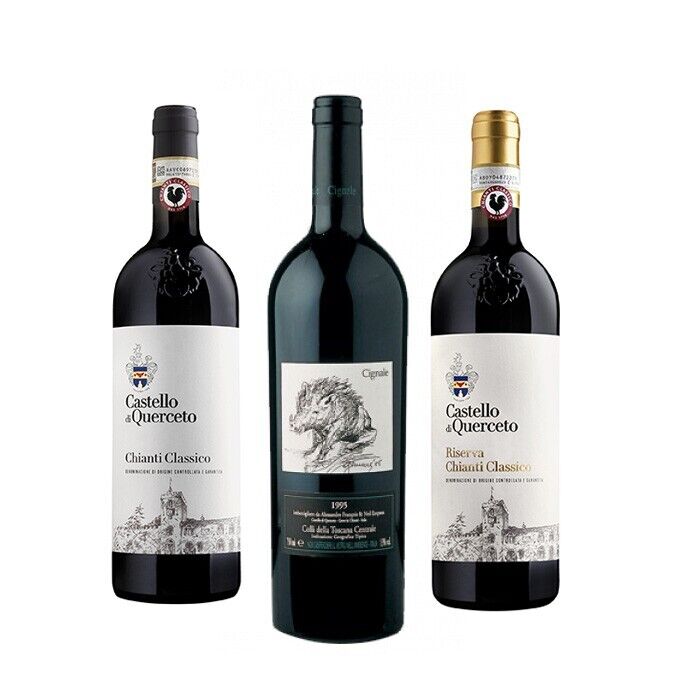 3 Bottiglie Vino Rosso Toscano Castello di Querceto Chianti Riserva & il Cignale