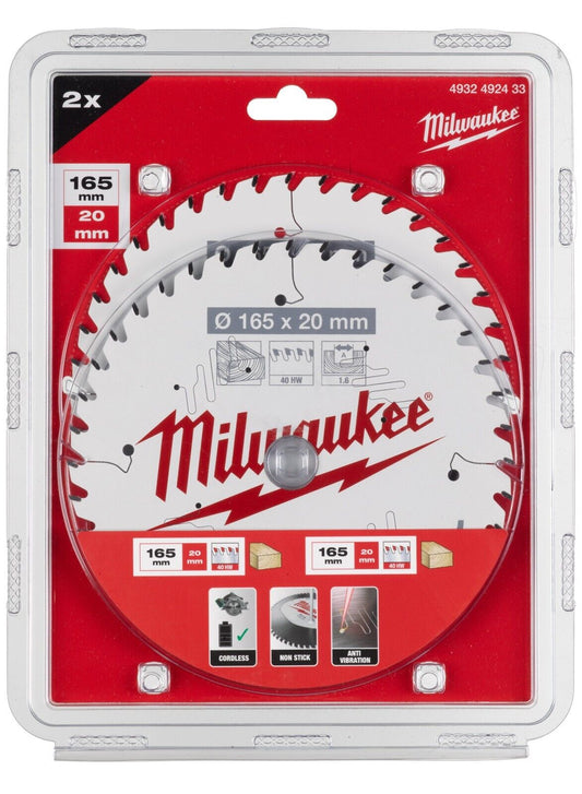 MILWAUKEE 4932492433 Set di 2 Lame 40 Denti per Sega Circolare 165mmx20 Legno