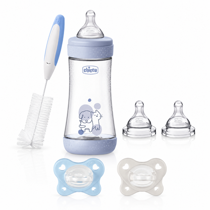 Starter kit Chicco, Biberon Perfect5, Tettarelle di Ricambio, 2 Ciucci Gommotti e Scovolino per la Pulizia Interna