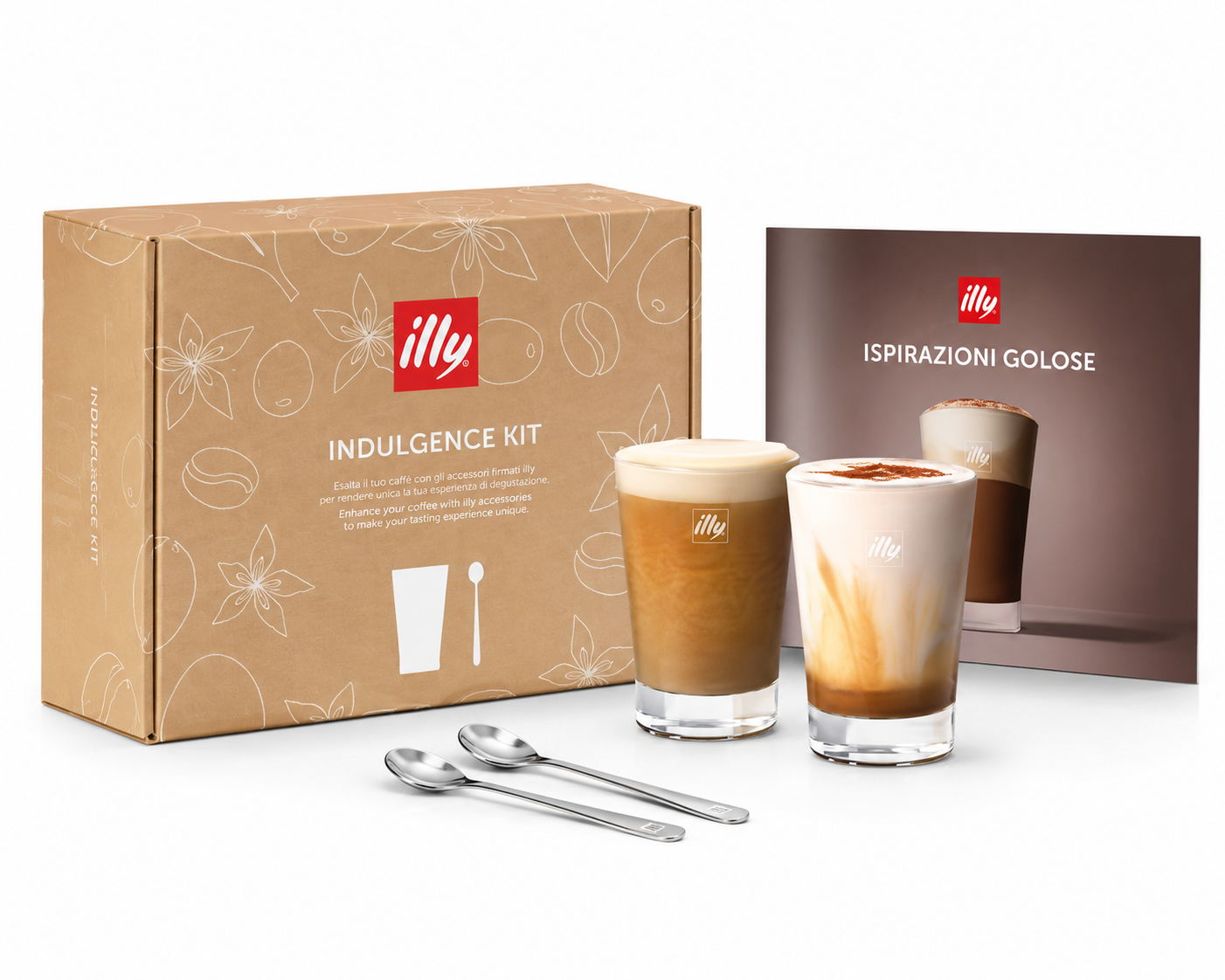 illy Indulgence Kit 2 Bicchieri in Vetro e 2 Cucchiaini in Acciaio, di Design con Ricettario Caffè | Preparazione di Cappuccino e Espresso Special