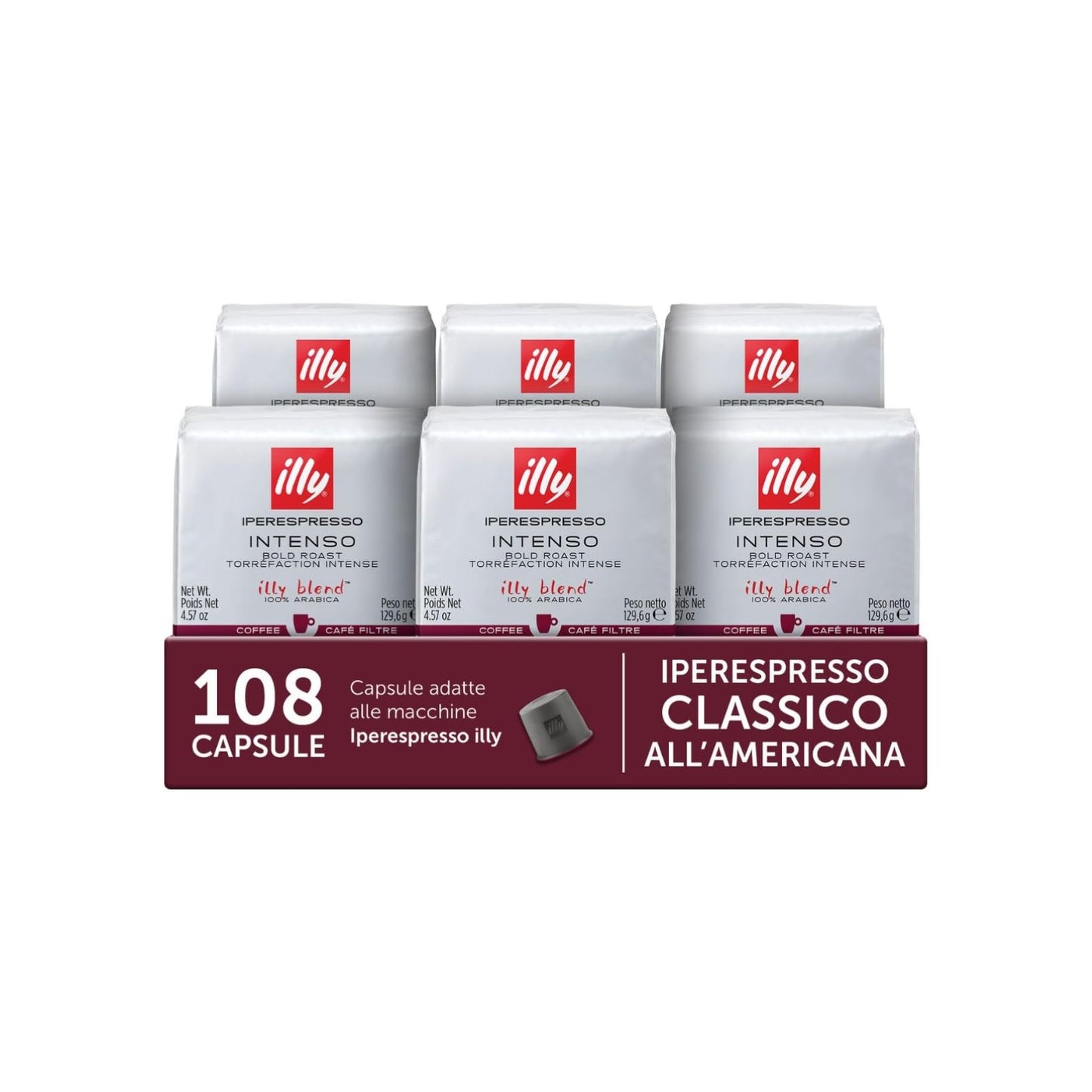 illy, Caffè all'Americana in Capsule Iperespresso Tostato INTENSO, 100% Arabica con Note di Cacao e Frutta secca, Gusto Pieno e Corposo, 6 Confezioni da 18 (108 Capsule Totali)