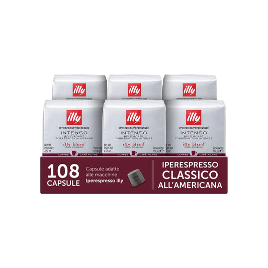 illy, Caffè all'Americana in Capsule Iperespresso Tostato INTENSO, 100% Arabica con Note di Cacao e Frutta secca, Gusto Pieno e Corposo, 6 Confezioni da 18 (108 Capsule Totali)