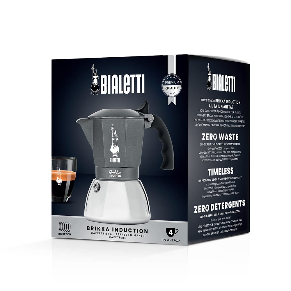 Bialetti Macchina da caffè a induzione Brikka, 4 tazze (170 ml), espresso stile bar, adatta a tutti i tipi di fornelli, design elegante