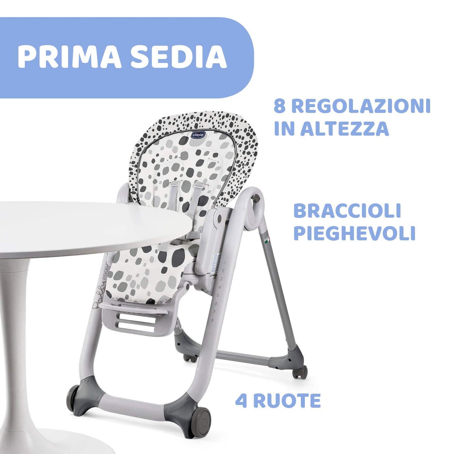 Chicco Polly Progres5 Seggiolone Pappa Regolabile per Bambini 0 Mesi, 3 Anni (15 kg), Trasformabile in Rialzo Sedia Bambini, Reclinabile a Sdraietta, con 4 Ruote e Chiusura Compatta, Anthracite