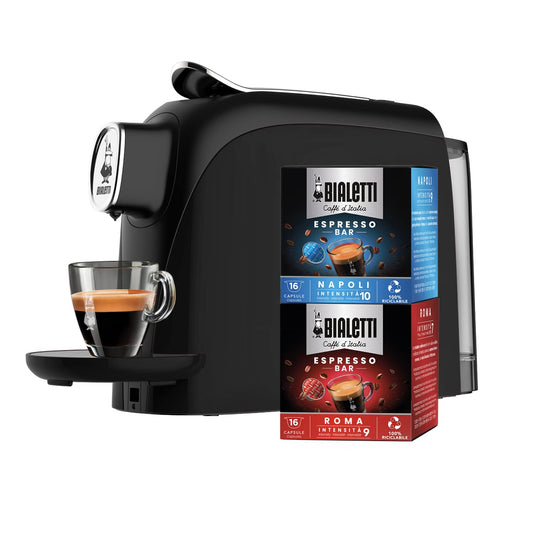 Bialetti Mignon, Macchina Caffè Espresso Incluse 32 Capsule, Funziona esclusivamente con Capsule Bialetti, Nero
