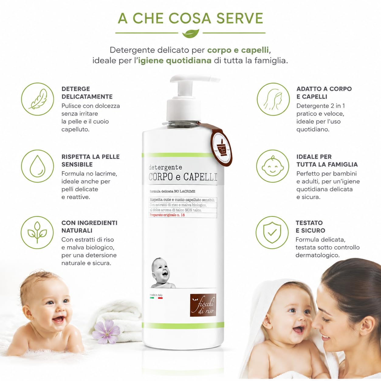 Fiocchi di Riso Detergente Corpo e Capelli Talco, 750ml, Formula Delicata, per Neonati, Rispetta Cute e Cuoio Capelluto Sensibili