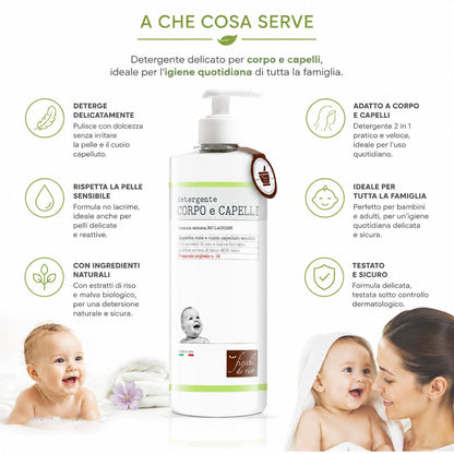 Fiocchi di Riso Detergente Corpo e Capelli Talco, 750ml, Formula Delicata, per Neonati, Rispetta Cute e Cuoio Capelluto Sensibili