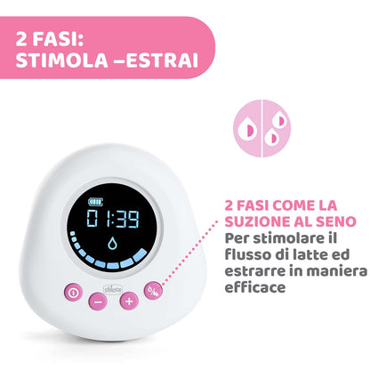 Chicco Electric Breast Pump with Stimulation and Extraction Phases, 10 Intensity Levels, Comfortable and Fast, Ergonomic Shape, with Inclined Teat and Airtight Cap, White, 150 ml