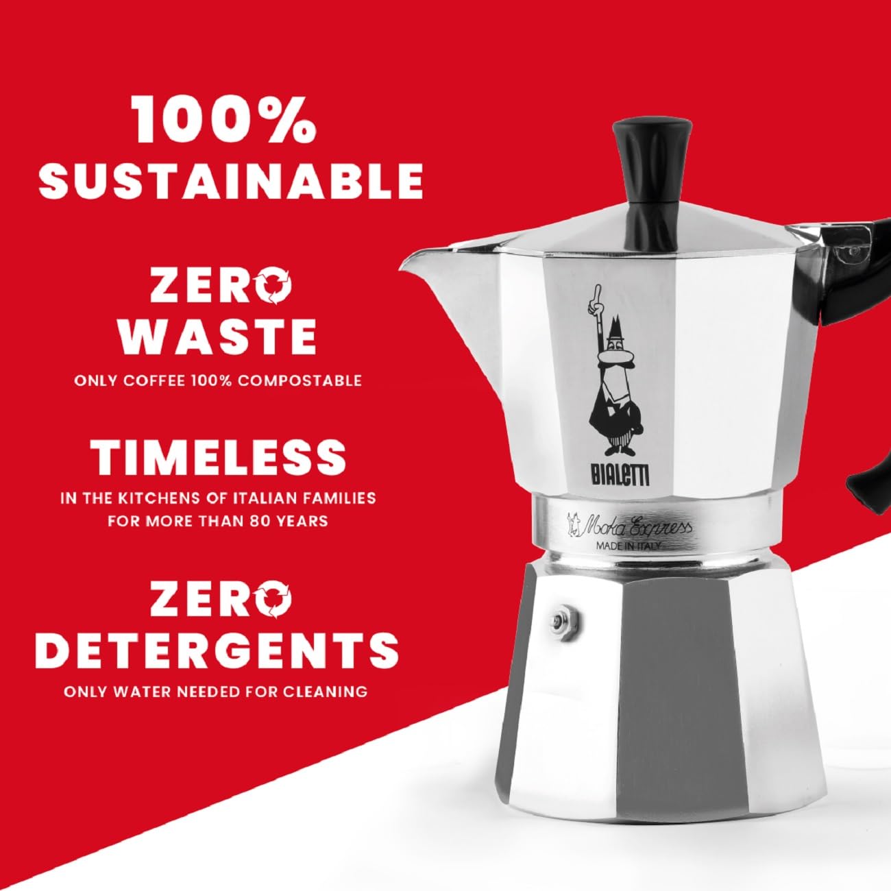 Bialetti Caffettiera Moka Express 6 Tazze, Manico anti scottatura, Non adatta a induzione, 6 Tazze (270 ml), Alluminio