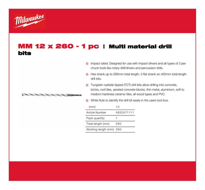 Milwaukee Multi-material bit 1/4" 12 x 260 mm Swave