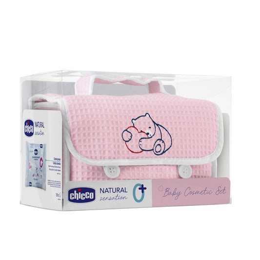CHICCO Natural Sensation, Nappy Changing and Bathing Set with Cotton Beauty Case, Tears-Free Shampoo Bath 200 ml, Body Cream 150 ml, Soothing Paste 100 ml, Cleansing Wipes, Pink