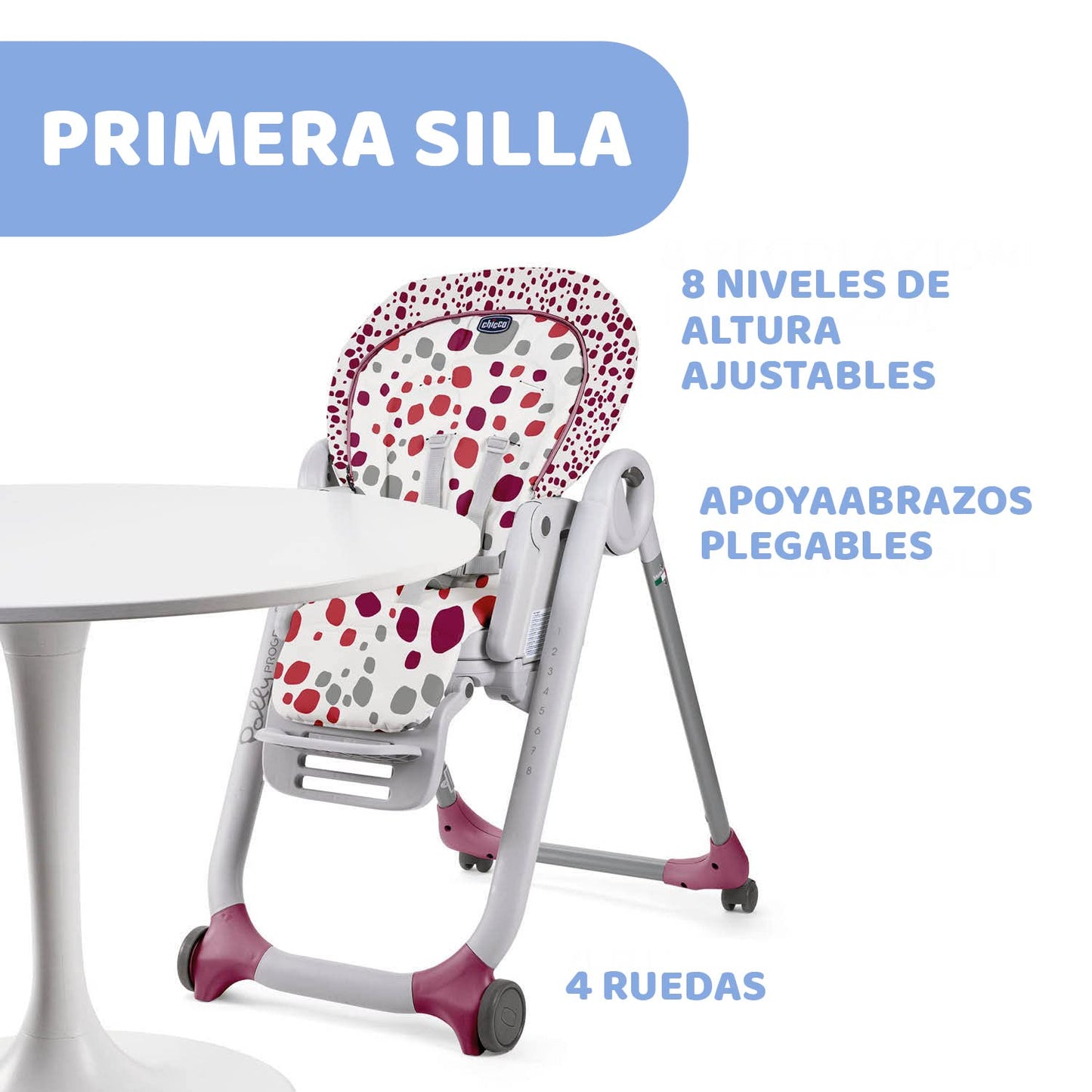 Chicco Polly Progres5 Seggiolone Pappa Regolabile per Bambini 0 Mesi - 3 Anni (15 kg), Trasformabile in Rialzo Sedia Bambini, Reclinabile a Sdraietta, con 4 Ruote e Chiusura Compatta - Cherry