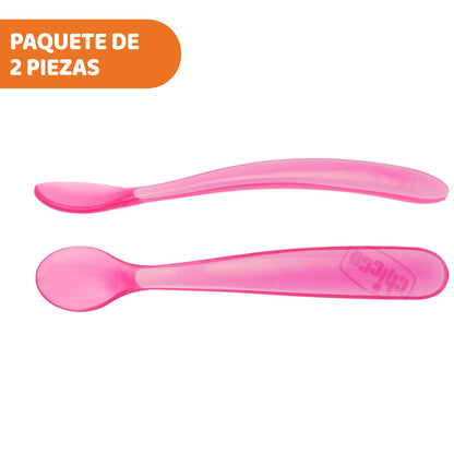 Chicco Cucchiaino Svezzamento in Silicone, Set 2 Cucchiai Morbidi per Neonati e Bambini, Delicati e Flessibili, con Impugnatura Ergonomica e Manico Lungo Curvato, 2 Pezzi - 6+ Mesi, Rosa