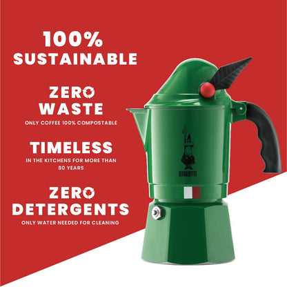 Bialetti Caffettiera New Break Alpina, Manico Anti Scottatura, In Onore Del Corpo Degli Alpini, Non Adatta a Induzione, 3 Tazze (130 ml), Alluminio, Verde