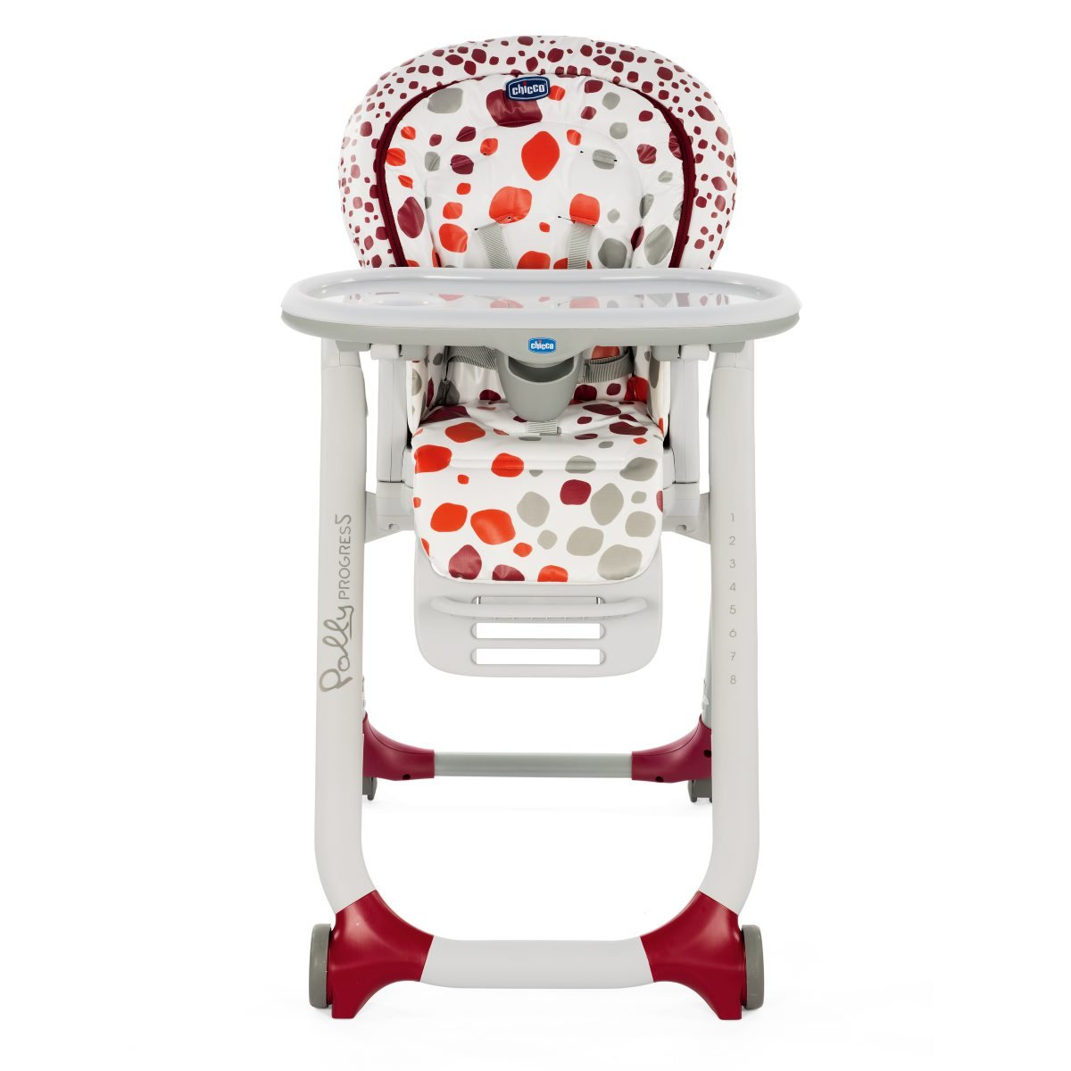 Chicco Polly Progres5 Seggiolone Pappa Regolabile per Bambini 0 Mesi - 3 Anni (15 kg), Trasformabile in Rialzo Sedia Bambini, Reclinabile a Sdraietta, con 4 Ruote e Chiusura Compatta - Cherry
