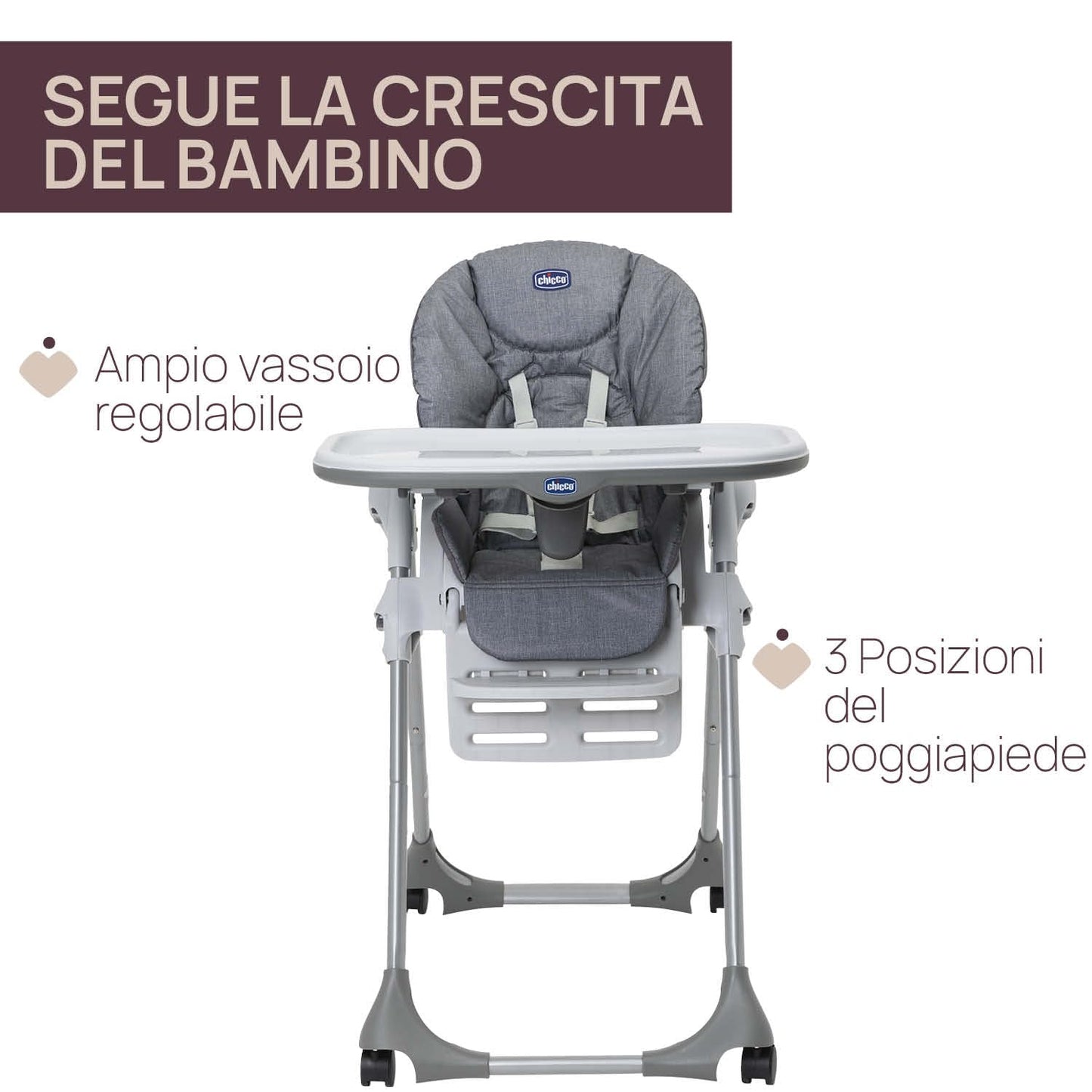 Polly Easy Evolutionary High Chair for Children from 6 Months to 3 Years (15 kg), Reclining High Chair with Adjustable Height and Footrest, 4 Wheels, Compact Folding - Gray Melange