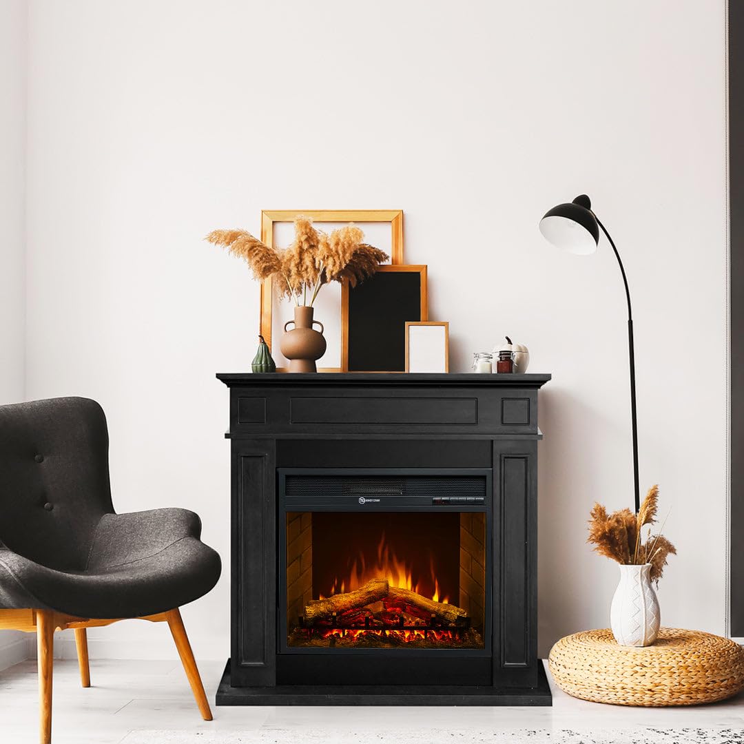 Camino elettrico caminetto da terra JEFFERSON in legno Nero L 89,5 x H90,5 x P28