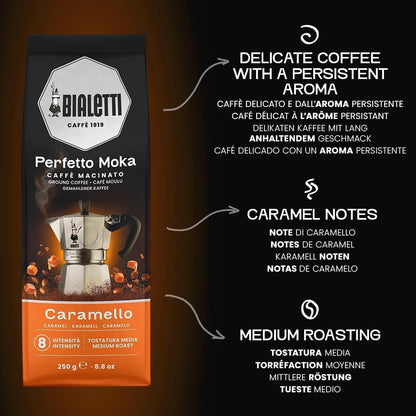 BIALETTI Caffè Macinato Perfetto Moka, 6 Sacchetti da 250 Grammi, Caramello, Tiramisù, Nocciola, Cioccolato, Intenso, Pregiato