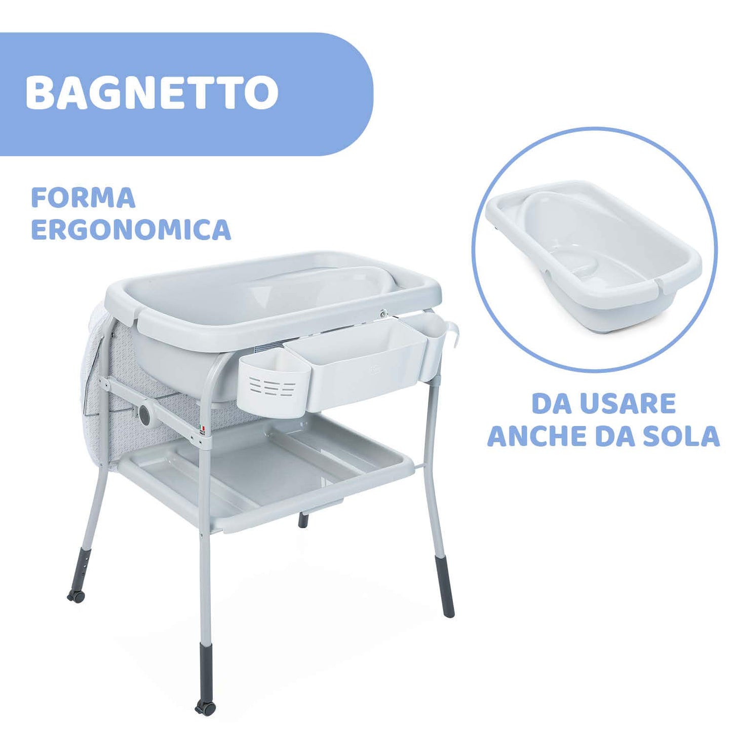 Chicco Cuddle & Bubble Vaschetta Bagnetto Fasciatoio Neonato Ergonomico con Materassino e Morbido Riduttore, Altezza Regolabile, Chiusura Compatta, Parent Organizer 2 Ruote, Max 11kg - Dots, Grigio
