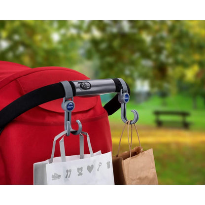 Chicco Ganci Universali per Passeggino Sicuri e Resistenti, per Appendere Borse in Sicurezza sul Passeggino, Rotazione a 360°, Facile Da Agganciare Con Fettuccia In Velcro, Taglia Universale, Grigio