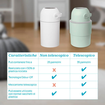Chicco Mangiapannolini Telescopico Controlla Odori Compatto, Smaltimento Pannolini, Cestino Contenitore Pieghevole e Salvaspazio, Non servono ricariche, si usano i normali Sacchetti, Verde