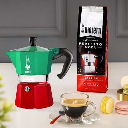 Bialetti Caffettiera Moka Express Tricolore, 6 Tazze, Manico anti scottatura, Non adatta a induzione, 6 Tazze (250 ml), Alluminio