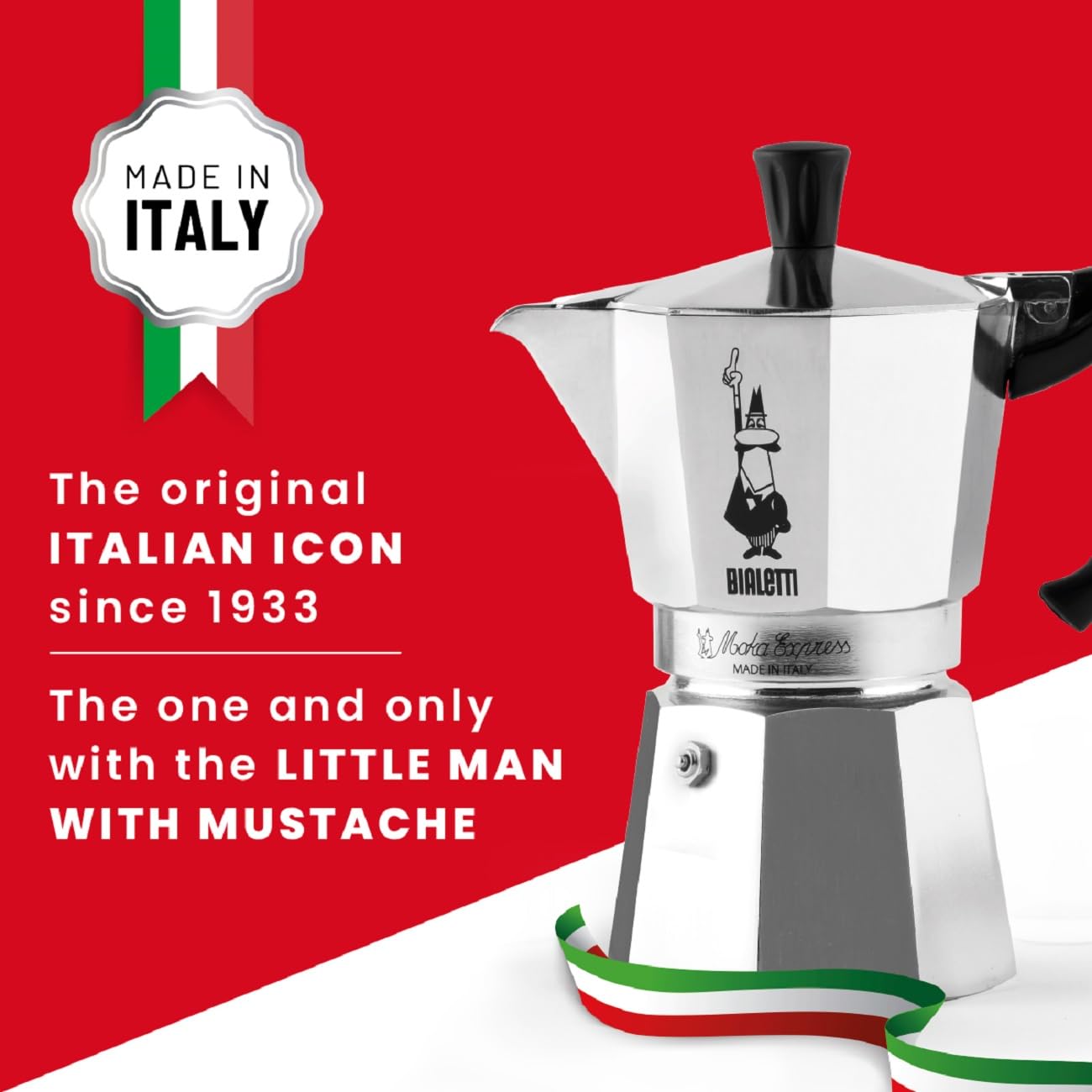 Bialetti Caffettiera Moka Express 6 Tazze, Manico anti scottatura, Non adatta a induzione, 6 Tazze (270 ml), Alluminio