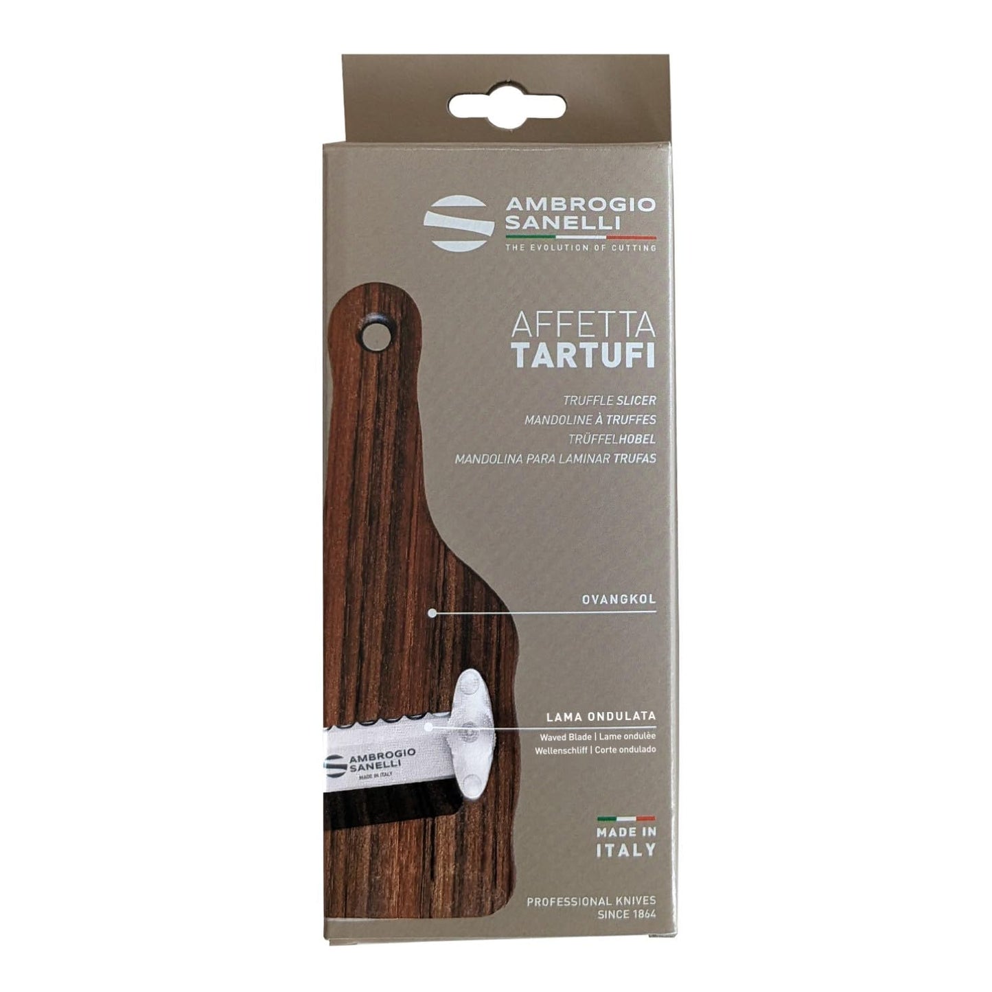 Sanelli Ambrogio Ovangkol Ambrogio Sanelli-Affettatartufi in Legno Manico Ergonomico ed Antiscivolo. Regolatore di qualità per Un Taglio preciso. Lama ondulata, Acciaio Inox, 23.0x9.0x2.5 cm
