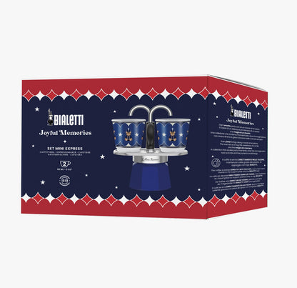 Bialetti Set Mini Express Natale 2025, Moka in Alluminio, Caffettiera Blu con 2 Tazze, Edizione Speciale Joyful Memories