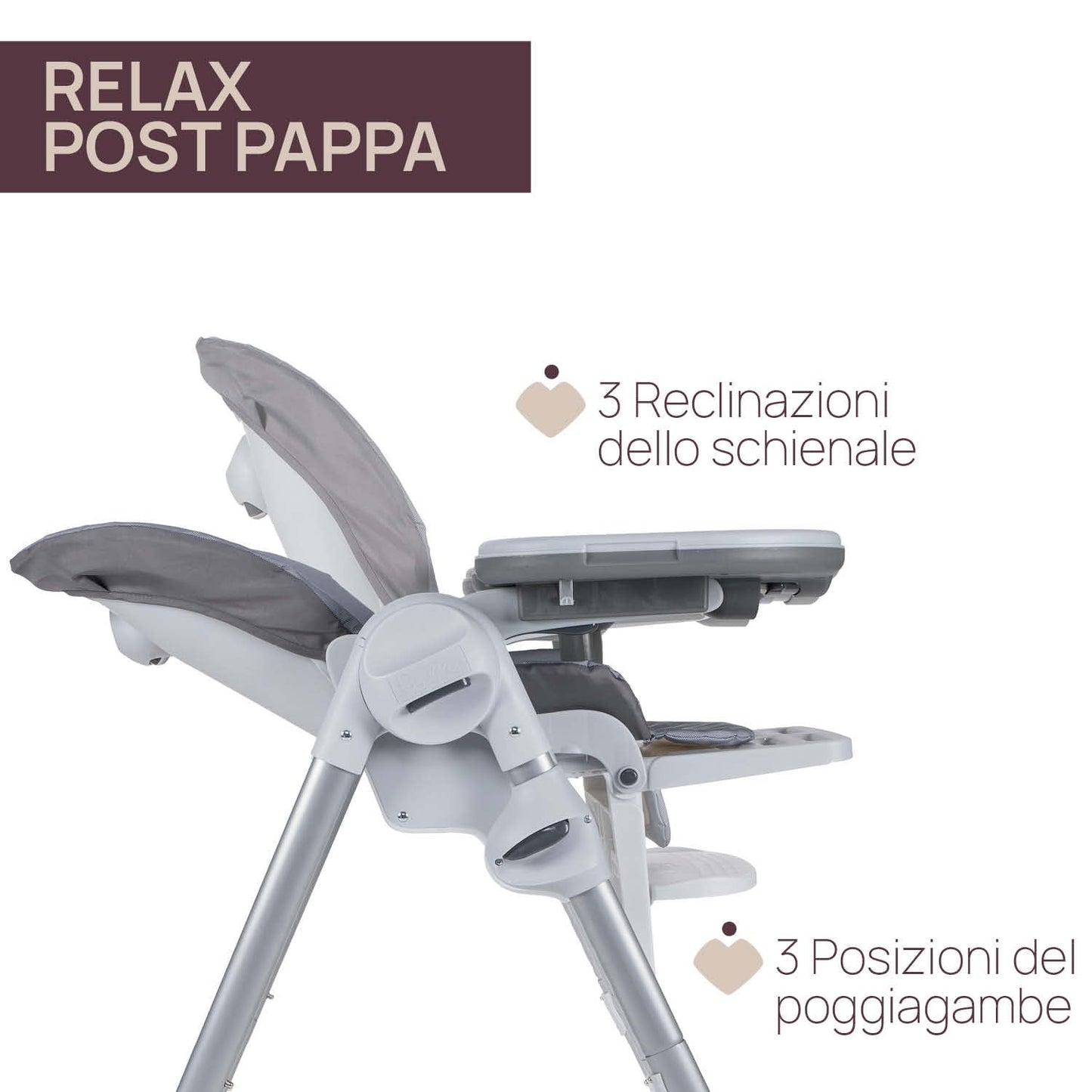 Polly Easy Evolutionary High Chair for Children from 6 Months to 3 Years (15 kg), Reclining High Chair with Adjustable Height and Footrest, 4 Wheels, Compact Folding - Gray Melange