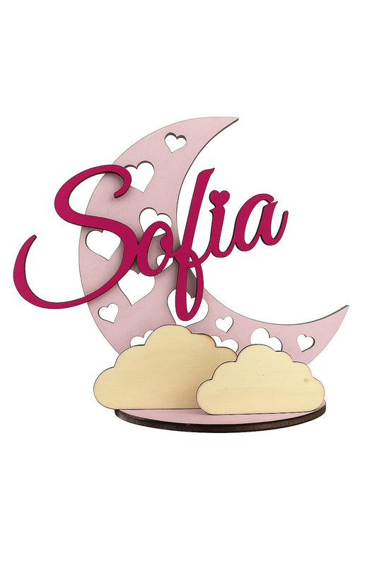 Topper Tema Luna in Legno 20cm Alezza, con Nome Personalizzabile. Scritta per Tavolo Torta, Allestimento ecc.