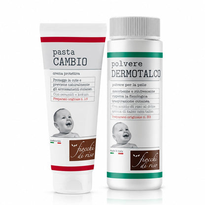 Set Fiocchi di Riso Pasta Cambio Crema Protettiva e Polvere Dermotalco, con Ceramidi e Kokum, per Bebè, 2 Unità