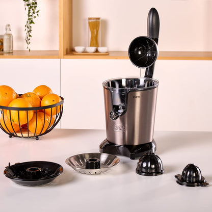 Black+Decker BXCJ350E - Spremiagrumi Elettrico con Leva 350W, Motore AC, Filtro Extra Regolatore della Polpa, 2 Coni di Dimensioni Diverse, Contenitore da 650 ml, Nero Grigio