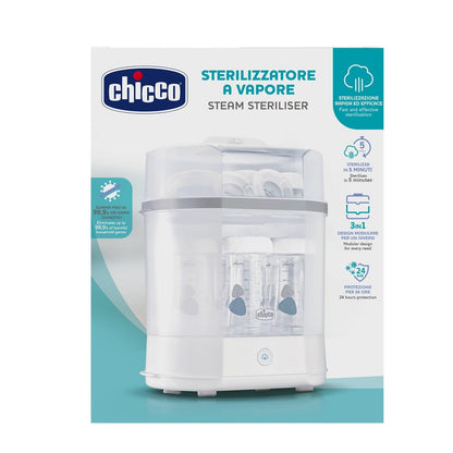 Chicco Sterilizzatore Elettrico, Sterilizzatore Biberon, Tiralatte e Ciuccio, con 3 Configurazioni e Spegnimento Automatico, Adatto al Microonde, per Sterilizzare Fino a 6 Biberon da 330 ml, Bianco