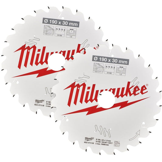 Milwaukee Lama per sega circolare in legno per sega circolare manuale, confezione doppia, 2 x 190/30 mm, Z24 denti alternati