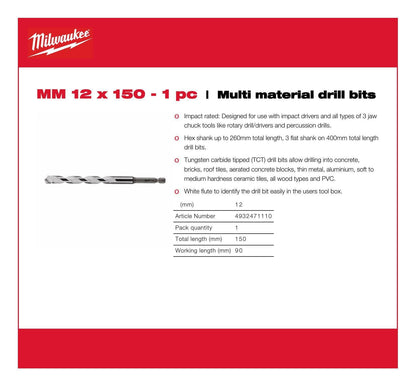 Milwaukee 4932471110 Punta esagonale Multimateriale, 1/4" Dimensione, 12 mm Diametro, 150 mm Lunghezza