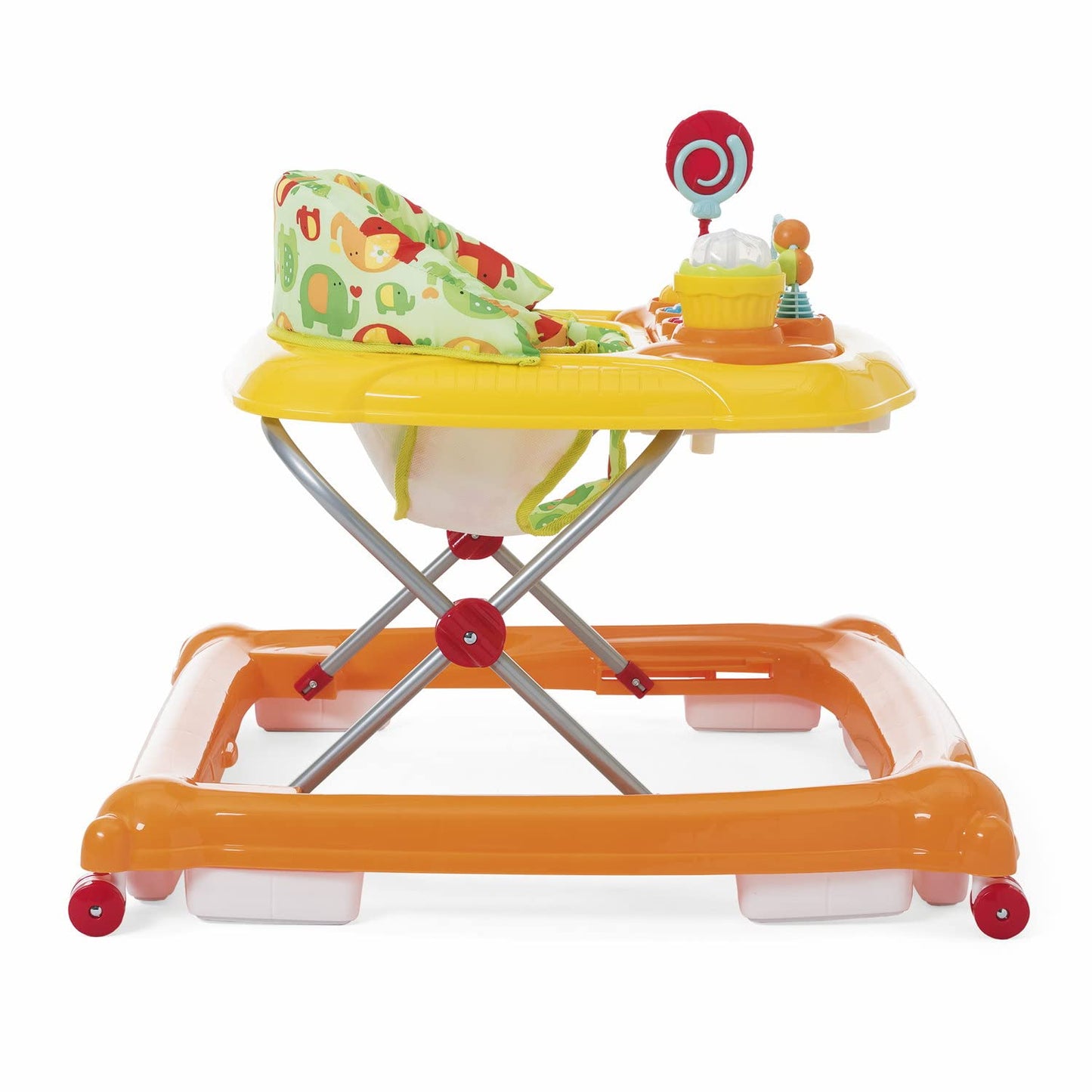 Chicco Girello Circus Bambini, con Pannello Giocattolo, Altezza Regolabile, 8 Freni di Sicurezza, 4 Ruote Girevoli, Pieghevole e Compatto, 6 mesi +, Arancione con Fantasie
