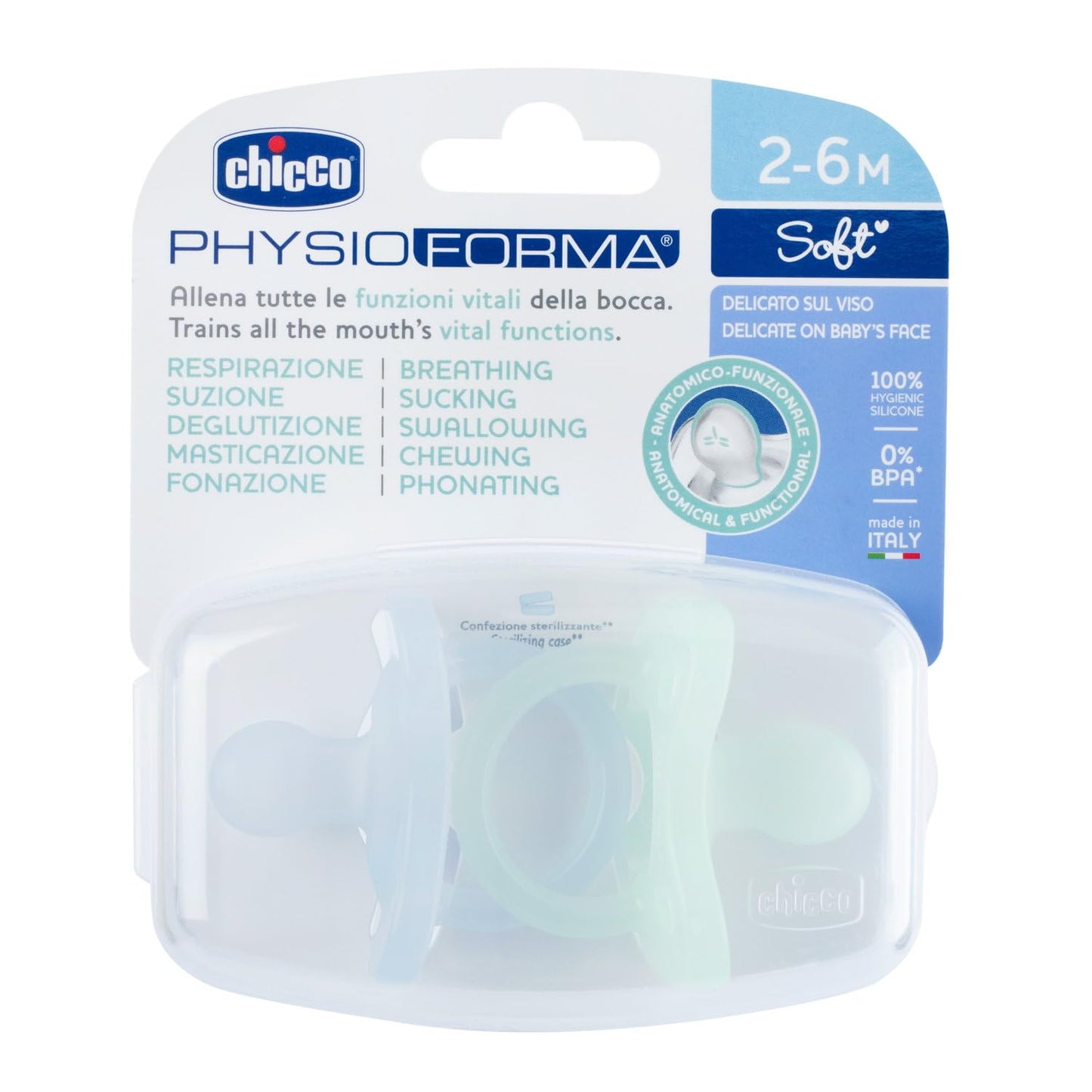 Chicco PhysioForma Ciuccio in Silicone 2-6 Mesi, 2 Pezzi, Set Gommottini 2-6 Mesi, Supportano la Respirazione Fisiologica e Favoriscono il Corretto Sviluppo della Bocca, Azzurro