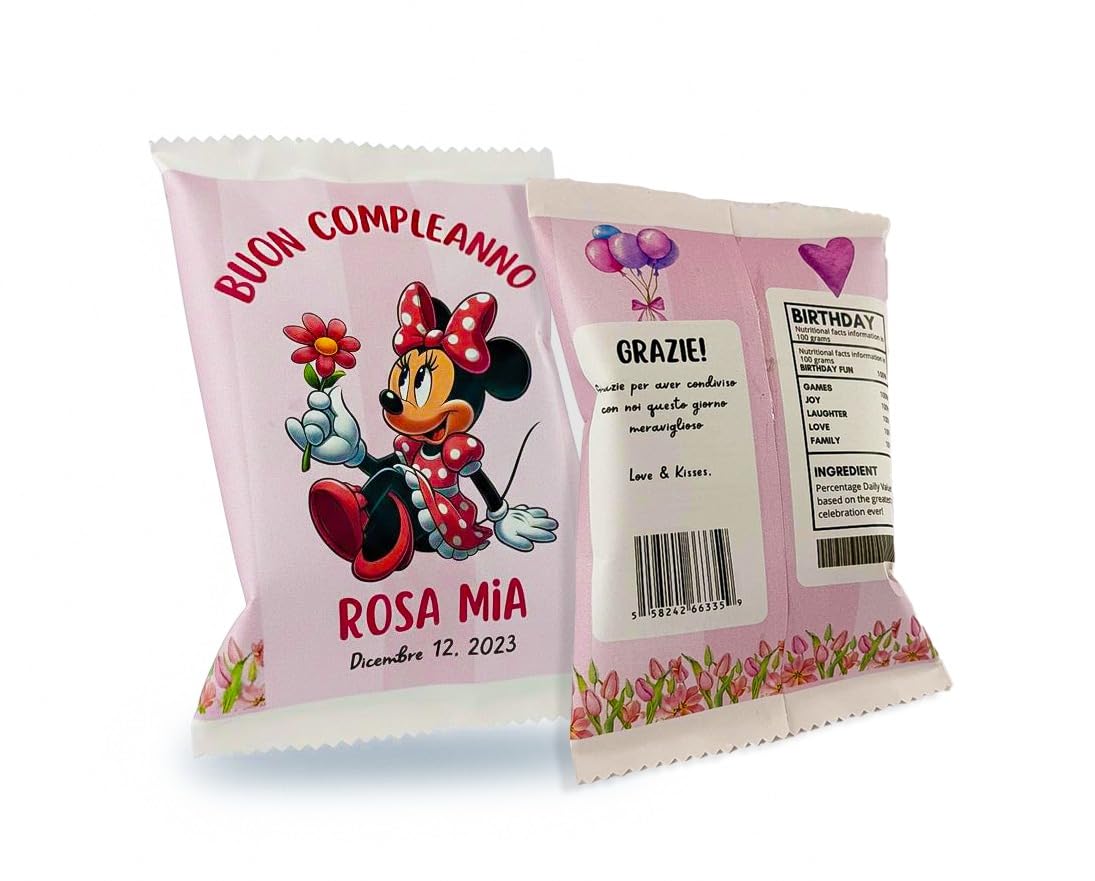 Carpe Diem Shop Sacchetti di Patatine Personalizzabili, Kit Party per Compleanno, 10 Bustine da 25g, Tema Disney Minnie, Regalino Fine Festa con Nome e Data Personalizzabile
