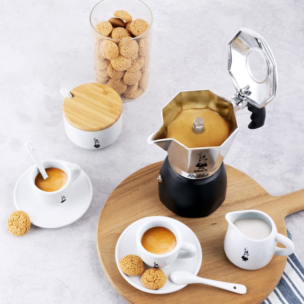 Bialetti Caffettiera Brikka, 4 Tazze (170 ml), Espresso Cremoso come al Bar, Non Adatta a Piano Induzione, Misurino incluso, Manico antiscottatura, Design Elegante, Alluminio