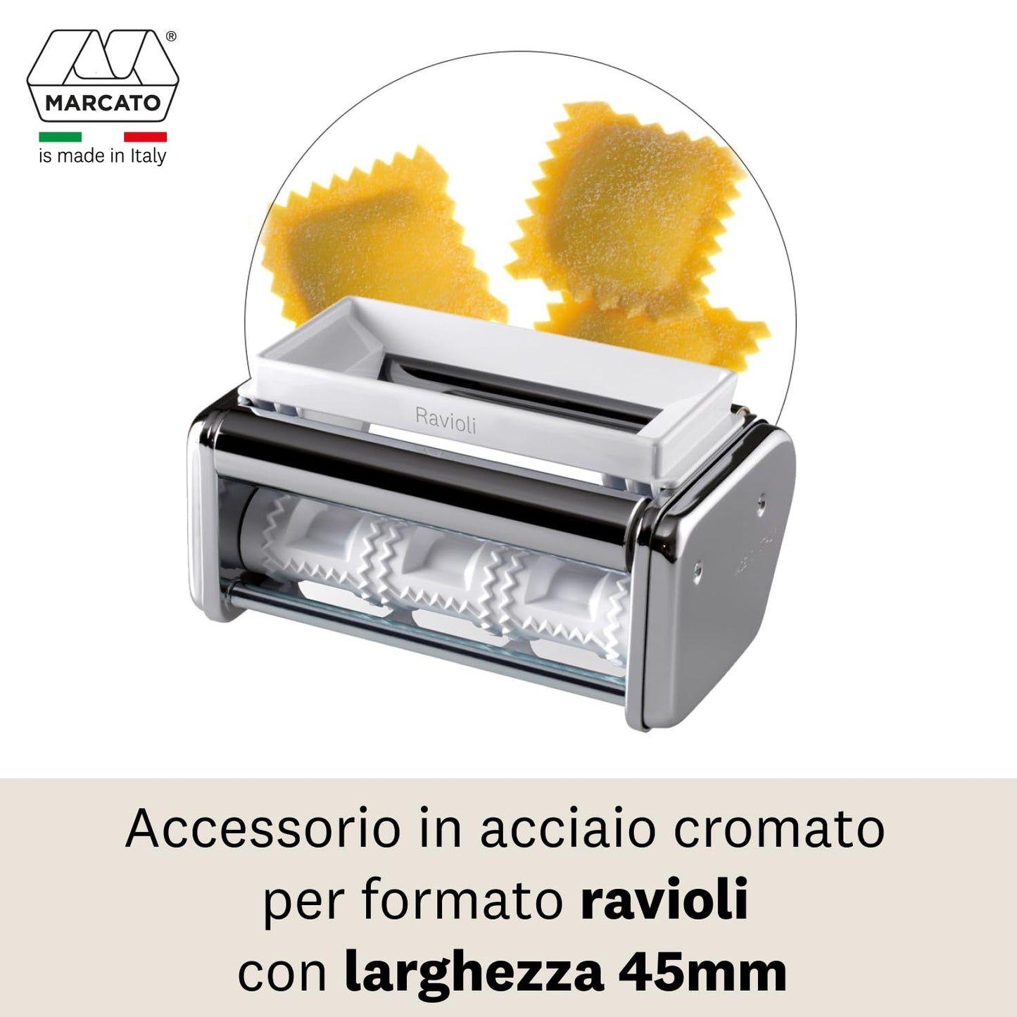 Marcato Accessorio Macchina per la Pasta, Macchina per Ravioli, Taglio da 150 mm, in Acciaio Cromato, Compatibile con Atlas 150 e Atlasmotor, Accessorio da Cucina Tagliapasta. Formato: Ravioli