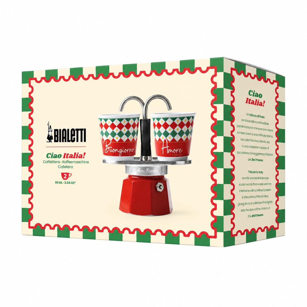 Bialetti Mini Express Tricolore Damier Moka Set con 2 Tazzine, 90 ml